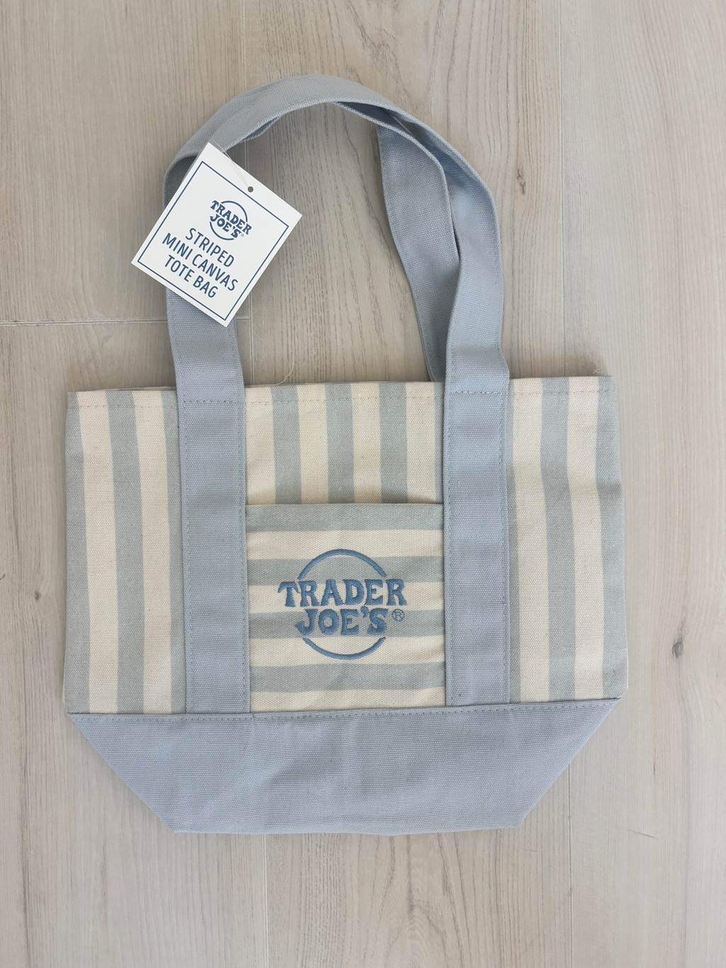 Nwt 2026 Trader Joe's Striped Mini Tote Bag In Light Blue And Cream